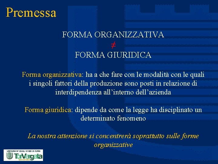 Premessa FORMA ORGANIZZATIVA ≠ FORMA GIURIDICA Forma organizzativa: ha a che fare con le