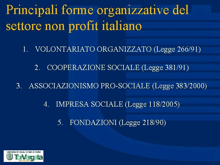 Principali forme organizzative del settore non profit italiano 1. VOLONTARIATO ORGANIZZATO (Legge 266/91) 2.