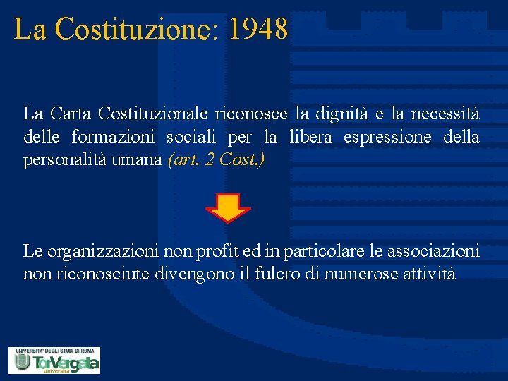 La Costituzione: 1948 La Carta Costituzionale riconosce la dignità e la necessità delle formazioni