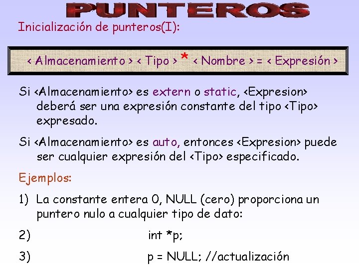 Inicialización de punteros(I): < Almacenamiento > < Tipo > * < Nombre > =