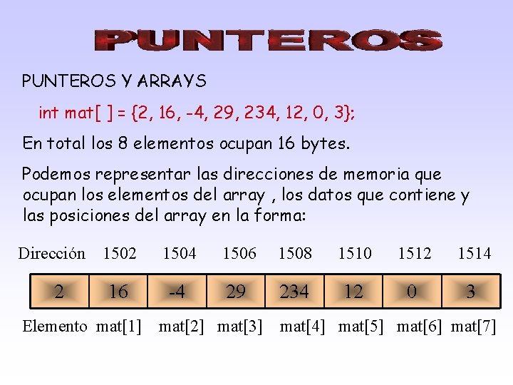 PUNTEROS Y ARRAYS int mat[ ] = {2, 16, -4, 29, 234, 12, 0,