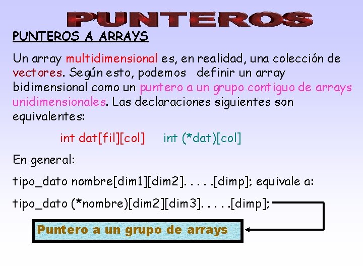 PUNTEROS A ARRAYS Un array multidimensional es, en realidad, una colección de vectores. Según
