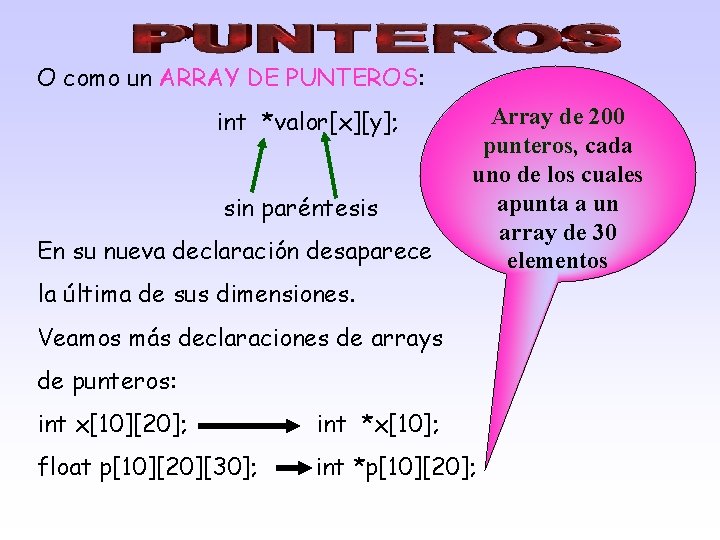 O como un ARRAY DE PUNTEROS: int *valor[x][y]; sin paréntesis En su nueva declaración