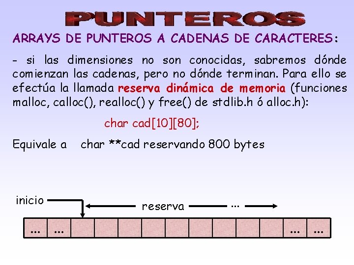 ARRAYS DE PUNTEROS A CADENAS DE CARACTERES: - si las dimensiones no son conocidas,