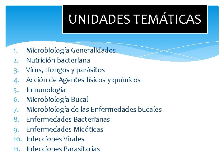 UNIDADES TEMÁTICAS 1. 2. 3. 4. 5. 6. 7. 8. 9. 10. 11. Microbiología