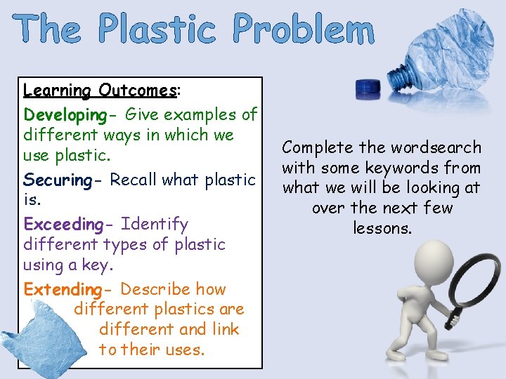 Learning Outcomes: Developing- Give examples of different ways in which we use plastic. Securing- Learning Outcomes: Developing- Give examples of different ways in which we use plastic. Securing-
