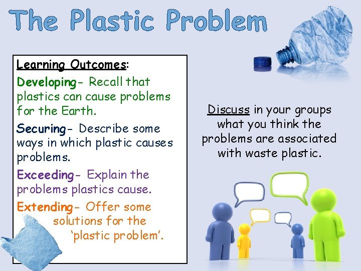 Learning Outcomes: Developing- Recall that plastics can cause problems for the Earth. Securing- Describe Learning Outcomes: Developing- Recall that plastics can cause problems for the Earth. Securing- Describe
