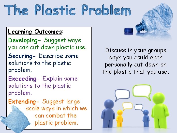 Learning Outcomes: Developing- Suggest ways you can cut down plastic use. Securing- Describe some Learning Outcomes: Developing- Suggest ways you can cut down plastic use. Securing- Describe some