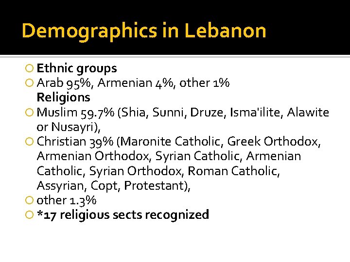 Demographics in Lebanon Ethnic groups Arab 95%, Armenian 4%, other 1% Religions Muslim 59.