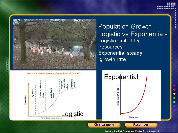 Population Growth Logistic vs Exponential. Logistic limited by resources Exponential steady growth rate Exponential