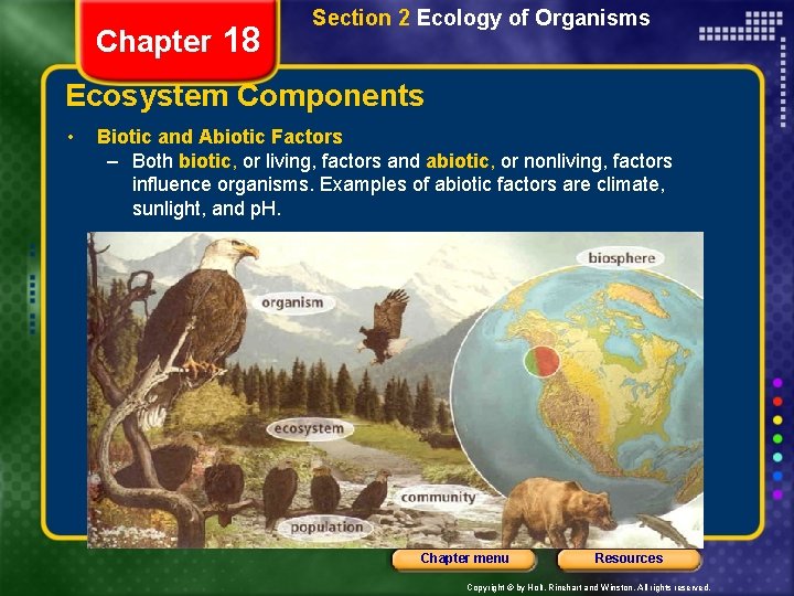 Chapter 18 Section 2 Ecology of Organisms Ecosystem Components • Biotic and Abiotic Factors