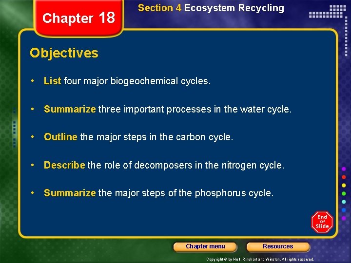 Chapter 18 Section 4 Ecosystem Recycling Objectives • List four major biogeochemical cycles. •