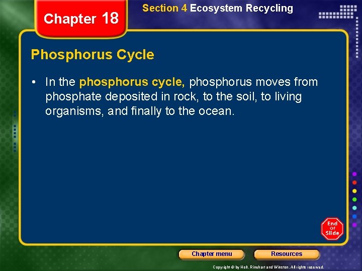 Chapter 18 Section 4 Ecosystem Recycling Phosphorus Cycle • In the phosphorus cycle, phosphorus