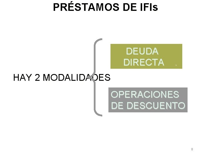 PRÉSTAMOS DE IFIs DEUDA DIRECTA . HAY 2 MODALIDADES OPERACIONES DE DESCUENTO 8 