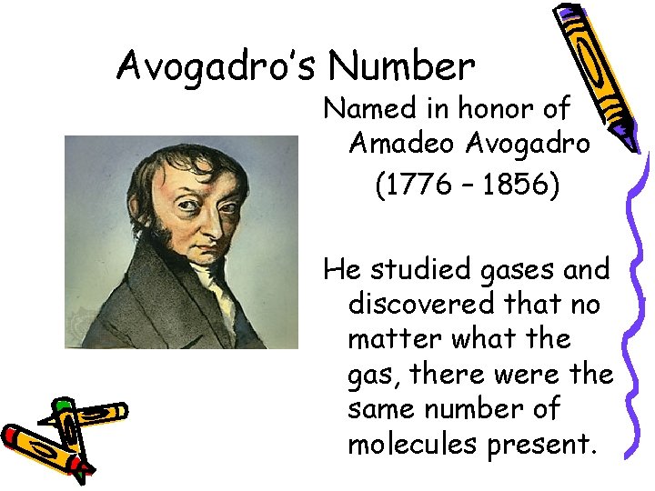 Avogadro’s Number Named in honor of Amadeo Avogadro (1776 – 1856) He studied gases