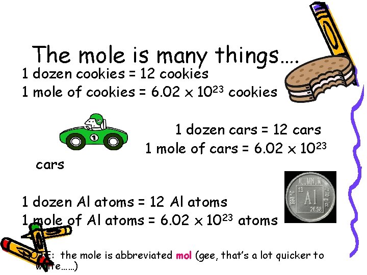 The mole is many things…. 1 dozen cookies = 12 cookies 1 mole of