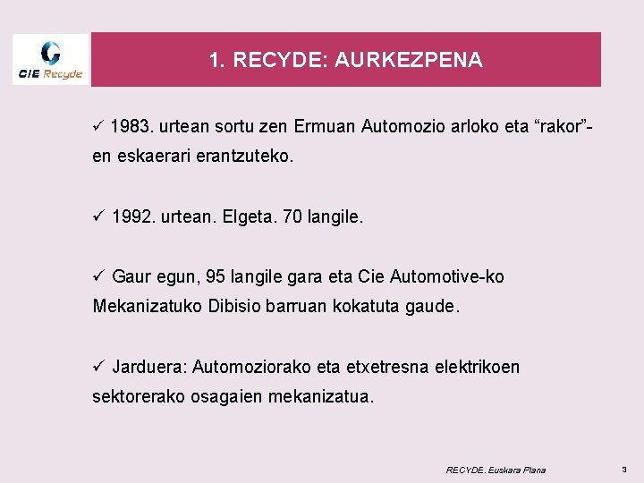 1. RECYDE: AURKEZPENA ü 1983. urtean sortu zen Ermuan Automozio arloko eta “rakor”- en