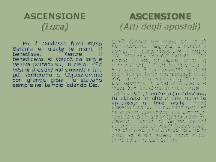 ASCENSIONE (Luca) Poi li condusse fuori verso Betània e, alzate le mani, li 51