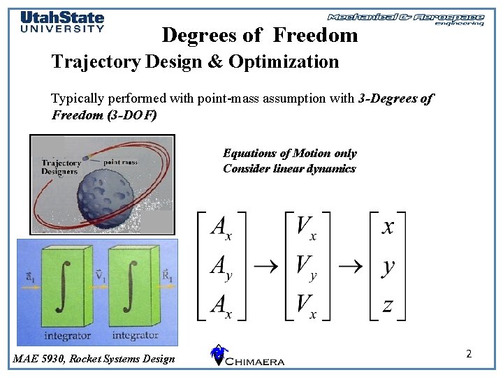 Degrees of Freedom Trajectory Design & Optimization Typically performed with point-mass assumption with 3