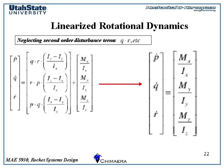 Linearized Rotational Dynamics Neglecting second order disturbance terms MAE 5930, Rocket Systems Design 22