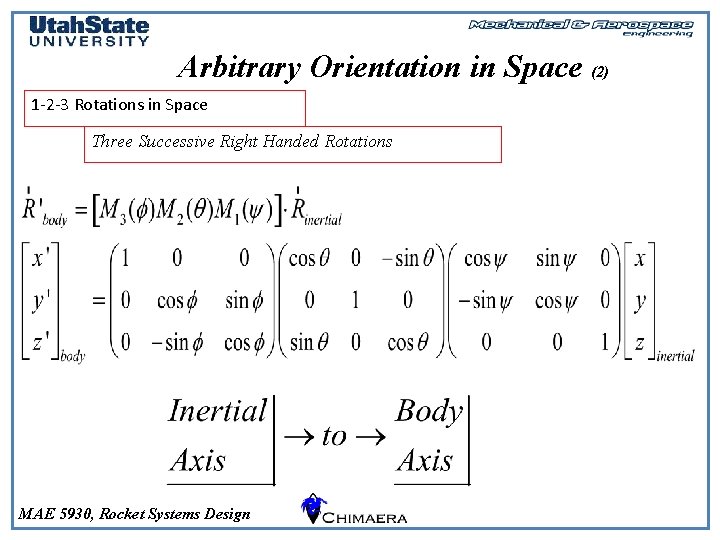 Arbitrary Orientation in Space (2) 1 -2 -3 Rotations in Space Three Successive Right