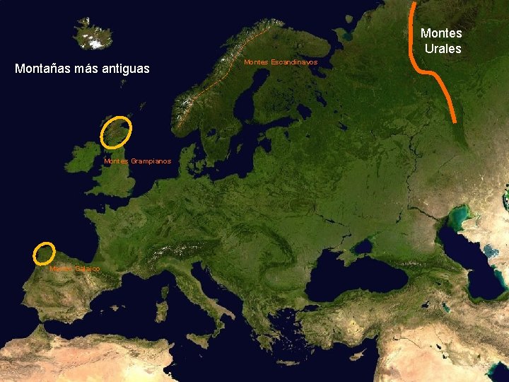 Montes Urales Montañas más antiguas Montes Grampianos Macizo Galaico Montes Escandinavos Montes Urales Montañas más antiguas Montes Grampianos Macizo Galaico Montes Escandinavos