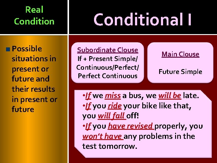 Real Condition Possible situations in present or future and their results in present or