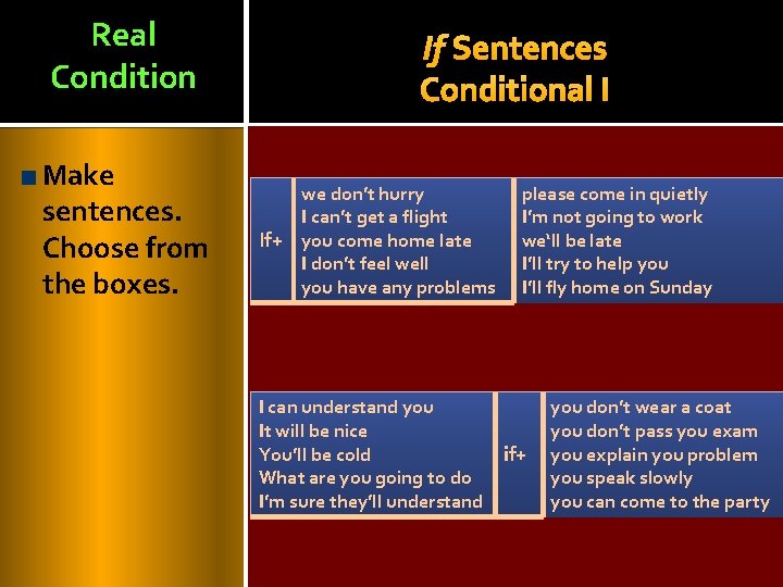 Real Condition Make sentences. Choose from the boxes. If Sentences Conditional I we don’t