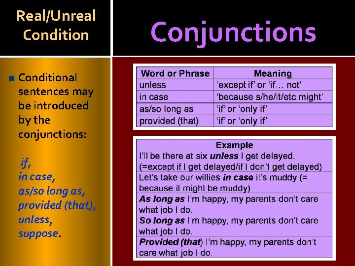 Real/Unreal Conditional sentences may be introduced by the conjunctions: if, in case, as/so long