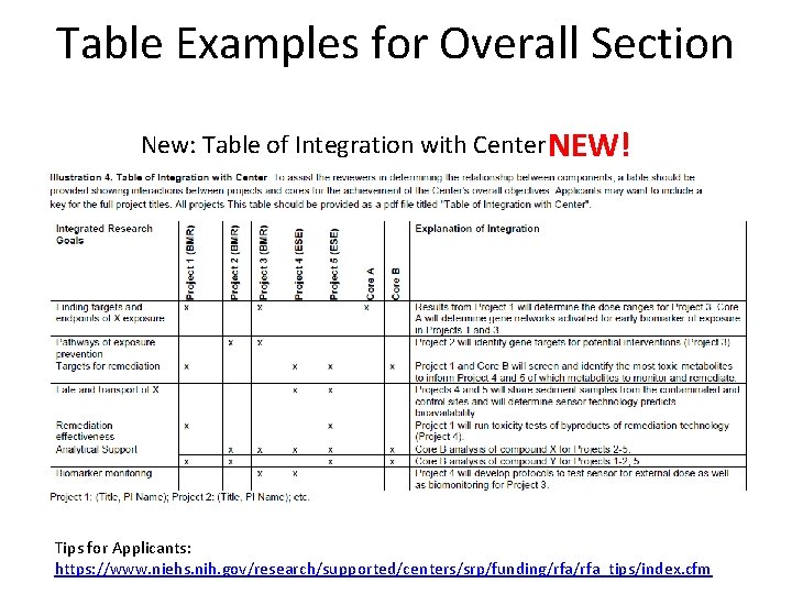 Table Examples for Overall Section New: Table of Integration with Center NEW! Tips for