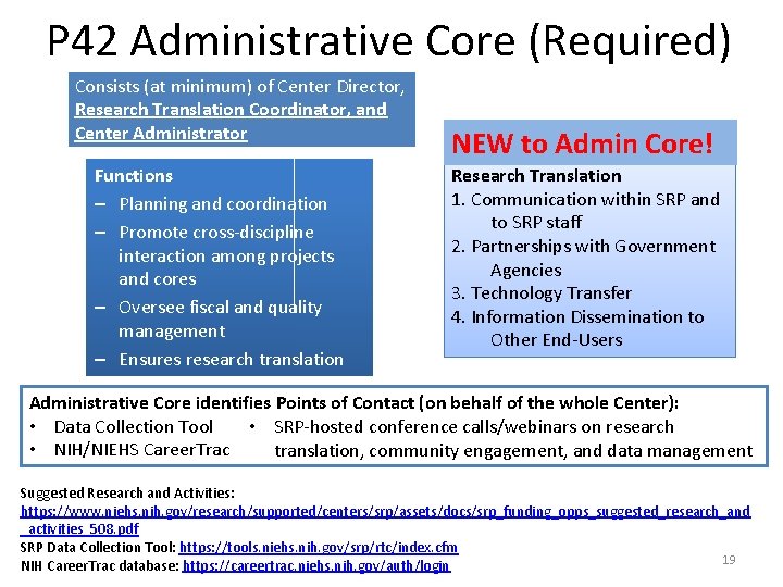 P 42 Administrative Core (Required) Consists (at minimum) of Center Director, Research Translation Coordinator,