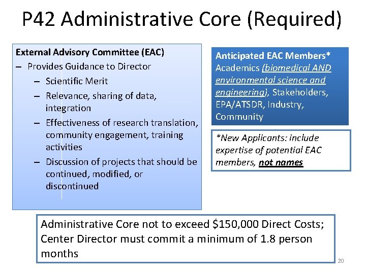 P 42 Administrative Core (Required) External Advisory Committee (EAC) – Provides Guidance to Director