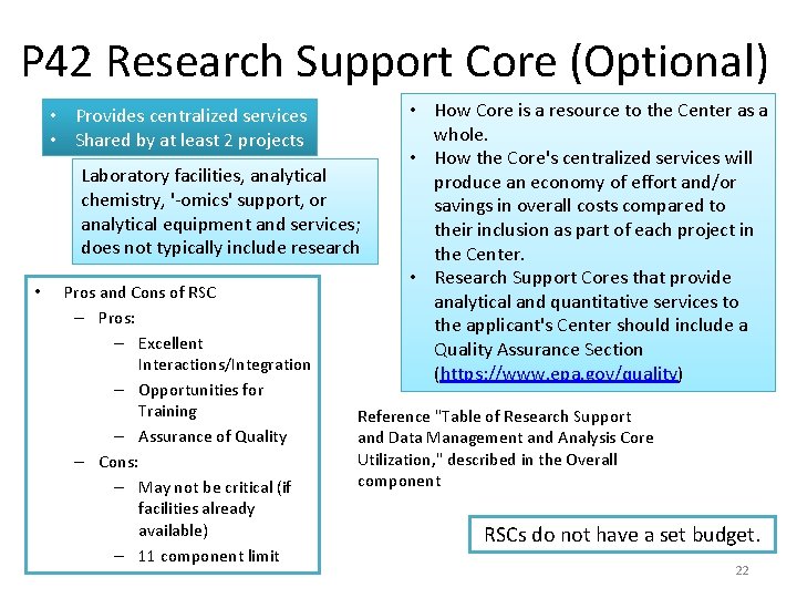 P 42 Research Support Core (Optional) • Provides centralized services • Shared by at