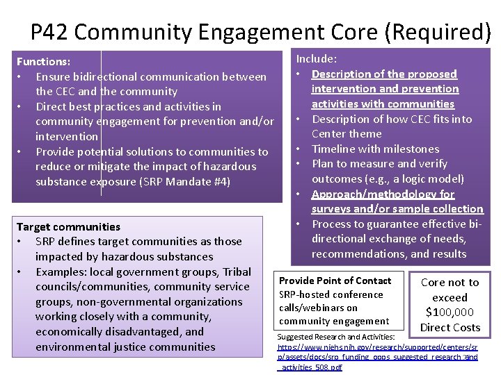 P 42 Community Engagement Core (Required) Functions: • Ensure bidirectional communication between the CEC