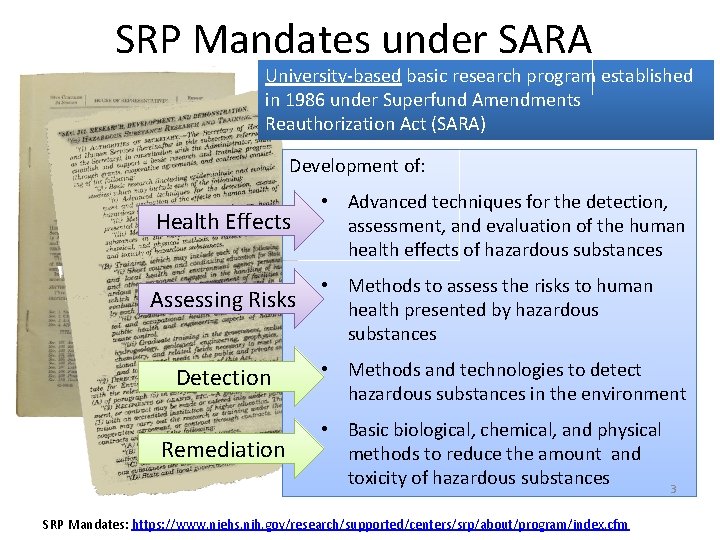 SRP Mandates under SARA University-based basic research program established in 1986 under Superfund Amendments
