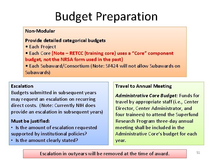 Budget Preparation Non-Modular Provide detailed categorical budgets • Each Project • Each Core (Note