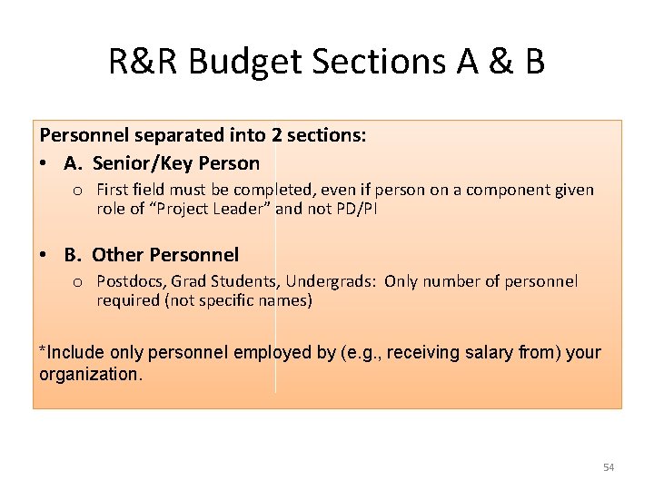 R&R Budget Sections A & B Personnel separated into 2 sections: • A. Senior/Key