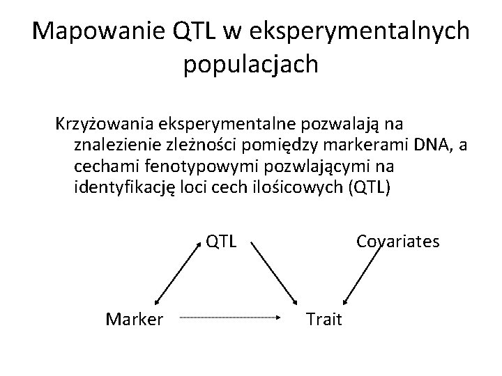 Mapowanie QTL w eksperymentalnych populacjach Krzyżowania eksperymentalne pozwalają na znalezienie zleżności pomiędzy markerami DNA,