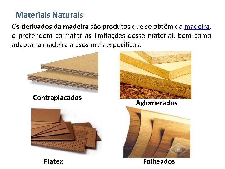 Materiais Naturais Os derivados da madeira são produtos que se obtêm da madeira, e