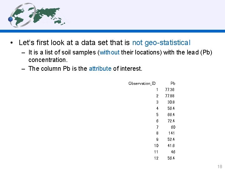  • Let’s first look at a data set that is not geo-statistical –