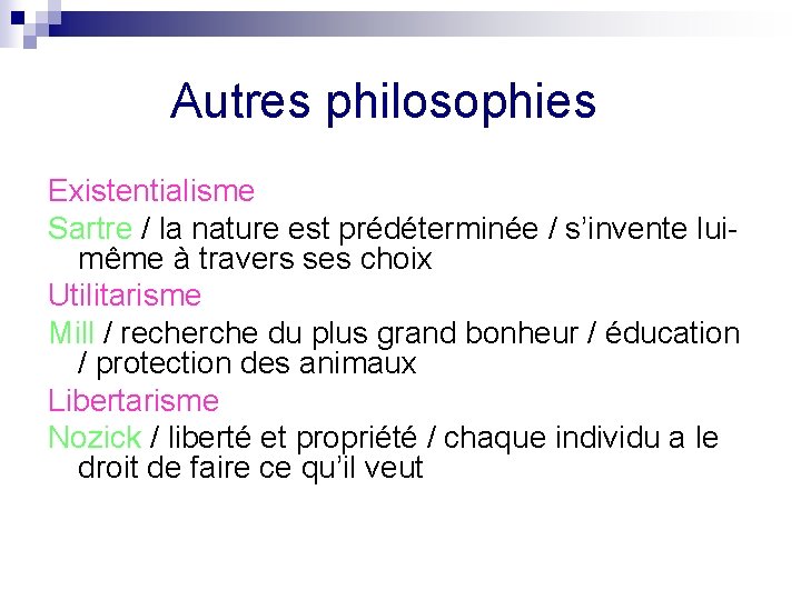  Autres philosophies Existentialisme Sartre / la nature est prédéterminée / s’invente luimême à