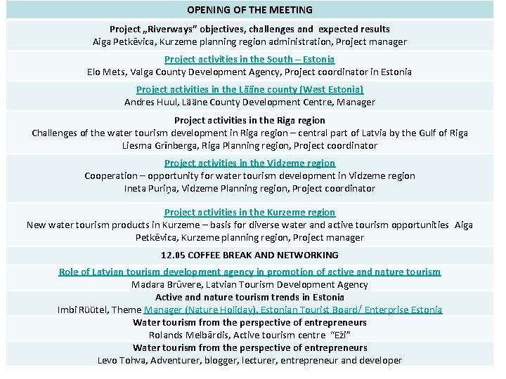 OPENING OF THE MEETING Project „Riverways” objectives, challenges and expected results Aiga Petkēvica, Kurzeme