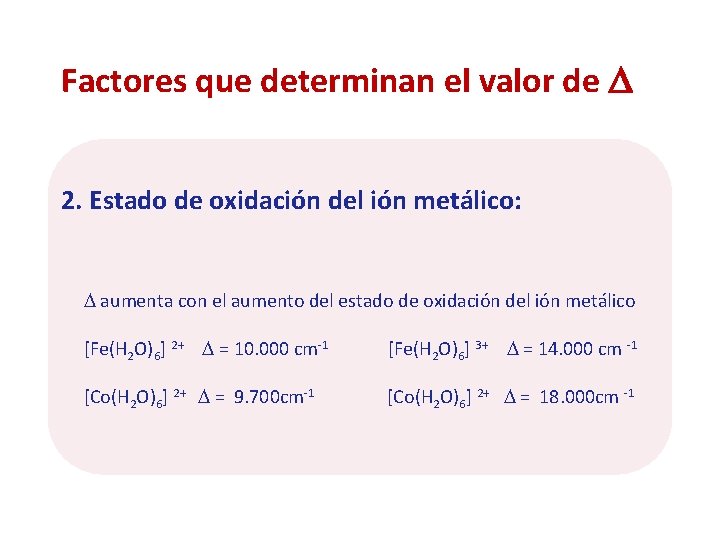 Factores que determinan el valor de 2. Estado de oxidación del ión metálico: aumenta