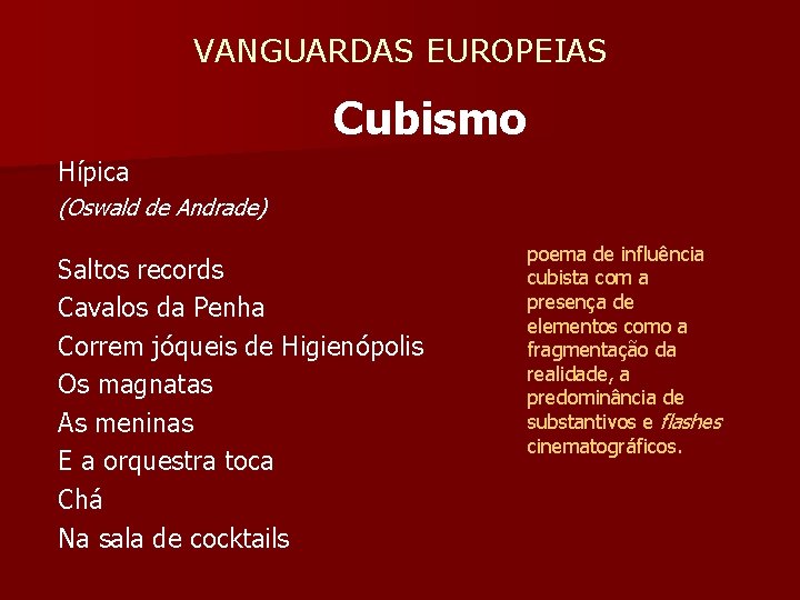 VANGUARDAS EUROPEIAS Cubismo Hípica (Oswald de Andrade) Saltos records Cavalos da Penha Correm jóqueis