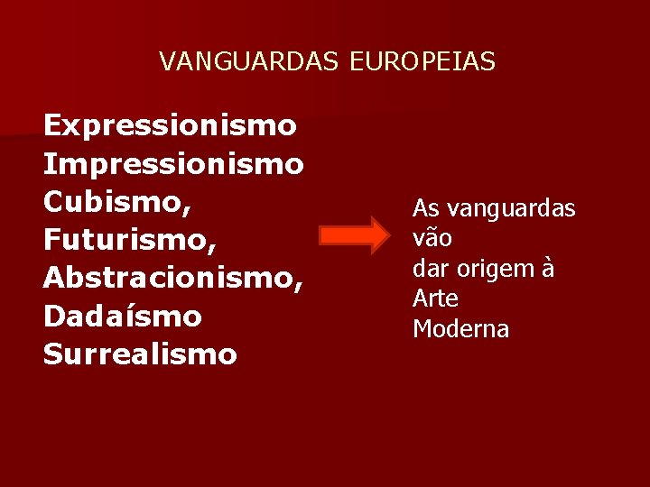  VANGUARDAS EUROPEIAS Expressionismo Impressionismo Cubismo, Futurismo, Abstracionismo, Dadaísmo Surrealismo As vanguardas vão dar