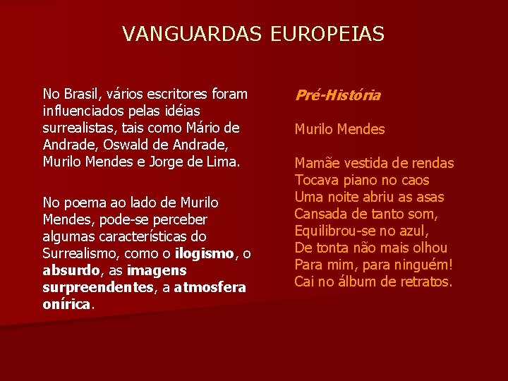  VANGUARDAS EUROPEIAS No Brasil, vários escritores foram influenciados pelas idéias surrealistas, tais como