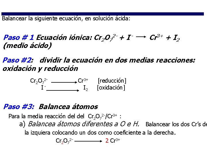 Balancear la siguiente ecuación, en solución ácida: Paso # 1 Ecuación iónica: Cr 2