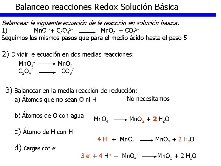 Balanceo reacciones Redox Solución Básica Balancear la siguiente ecuación de la reacción en solución