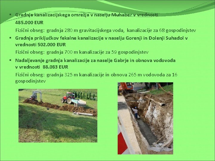 § Gradnja kanalizacijskega omrežja v naselju Muhaber v vrednosti 485. 000 EUR Fizični obseg: