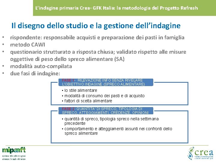 L’indagine primaria Crea- GFK Italia: la metodologia del Progetto Refresh Il disegno dello studio